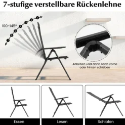 2er Set Gartenstühle Alu wetterfester Klappstuhl mit 7-Fach Verstellbarer Rückenlehne Schwarz