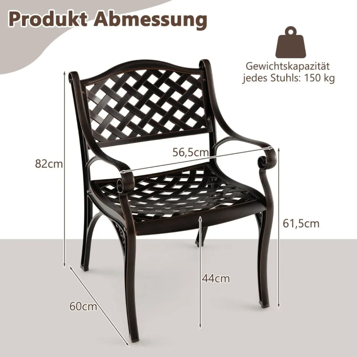 2er Set Gartenstühle aus Aluminiumguss mit Armlehnen Wetterfeste Terrassenstühle Bronze