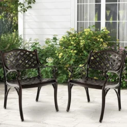 2er Set Gartenstühle aus Aluminiumguss mit Armlehnen Wetterfeste Terrassenstühle Bronze