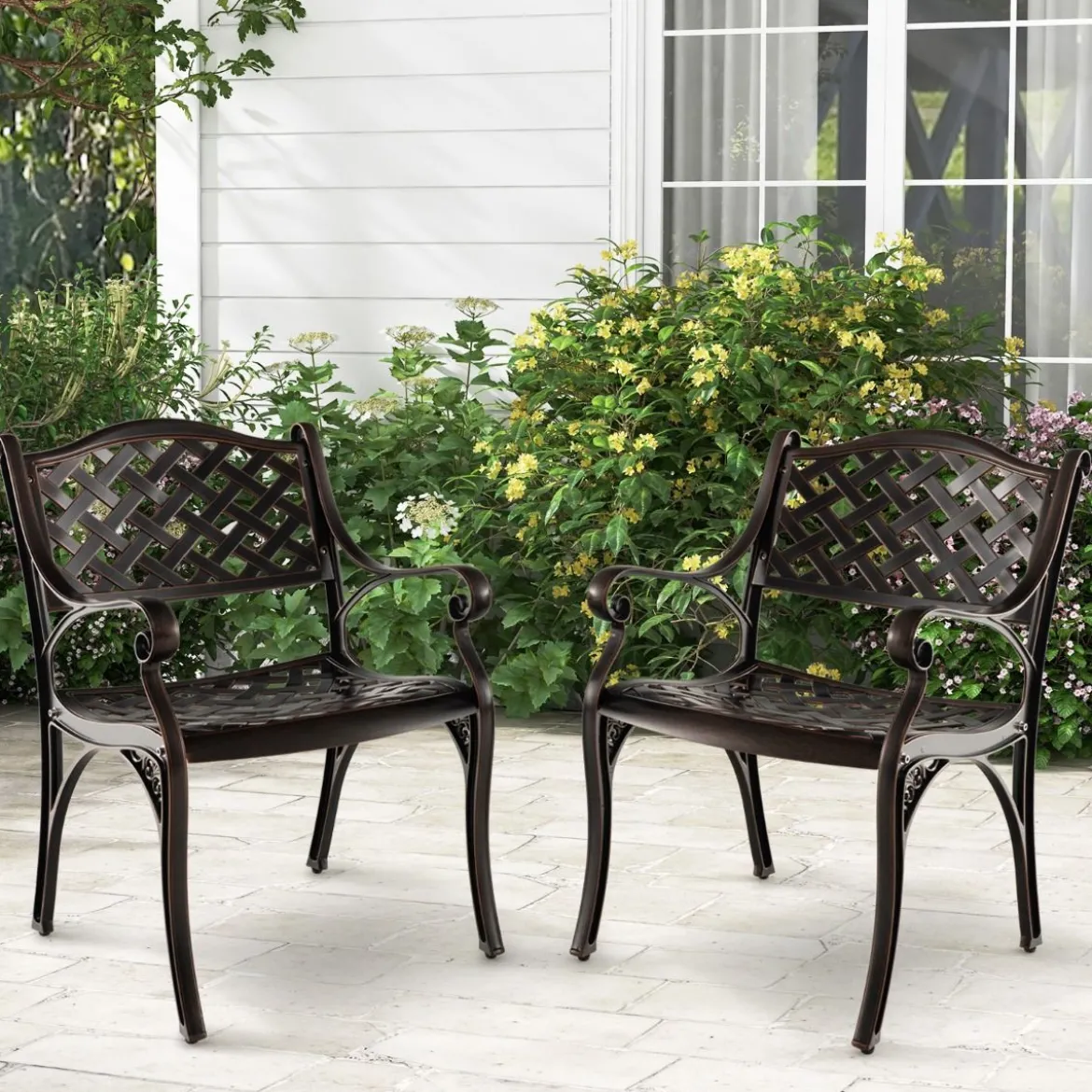 2er Set Gartenstühle aus Aluminiumguss mit Armlehnen Wetterfeste Terrassenstühle Bronze