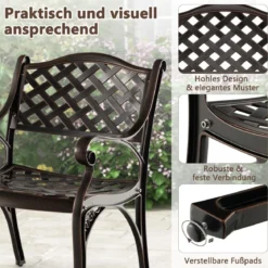 2er Set Gartenstühle aus Aluminiumguss mit Armlehnen Wetterfeste Terrassenstühle Bronze