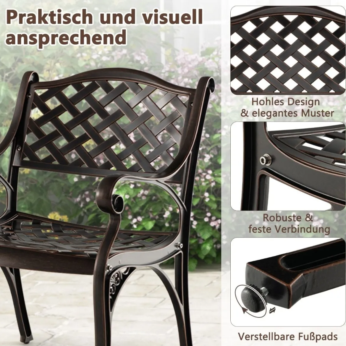 2er Set Gartenstühle aus Aluminiumguss mit Armlehnen Wetterfeste Terrassenstühle Bronze