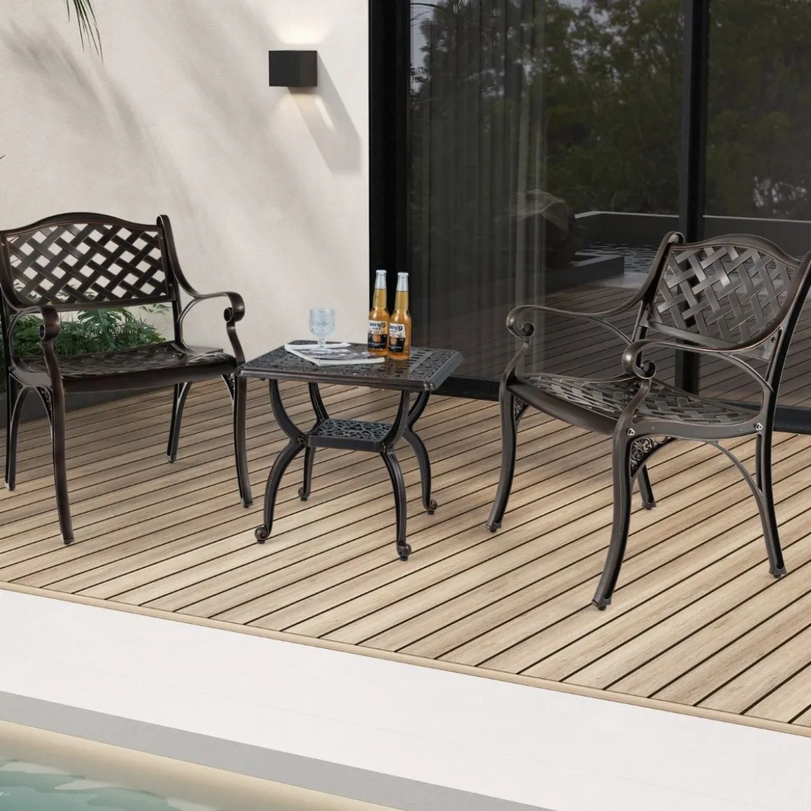 2er Set Gartenstühle aus Aluminiumguss mit Armlehnen Wetterfeste Terrassenstühle Bronze