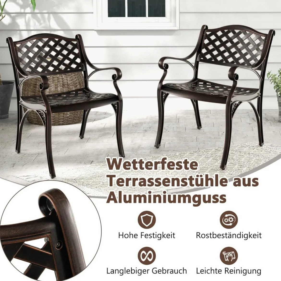 2er Set Gartenstühle aus Aluminiumguss mit Armlehnen Wetterfeste Terrassenstühle Bronze