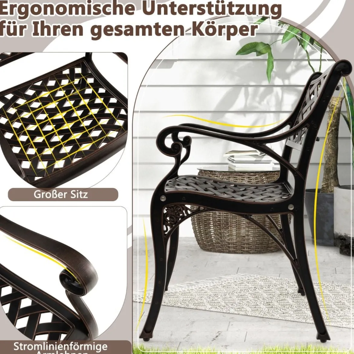 2er Set Gartenstühle aus Aluminiumguss mit Armlehnen Wetterfeste Terrassenstühle Bronze