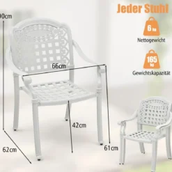2er Set Gartenstühle aus Alu mit Armlehnen Stapelstühle Gartensessel für Balkon Weiß