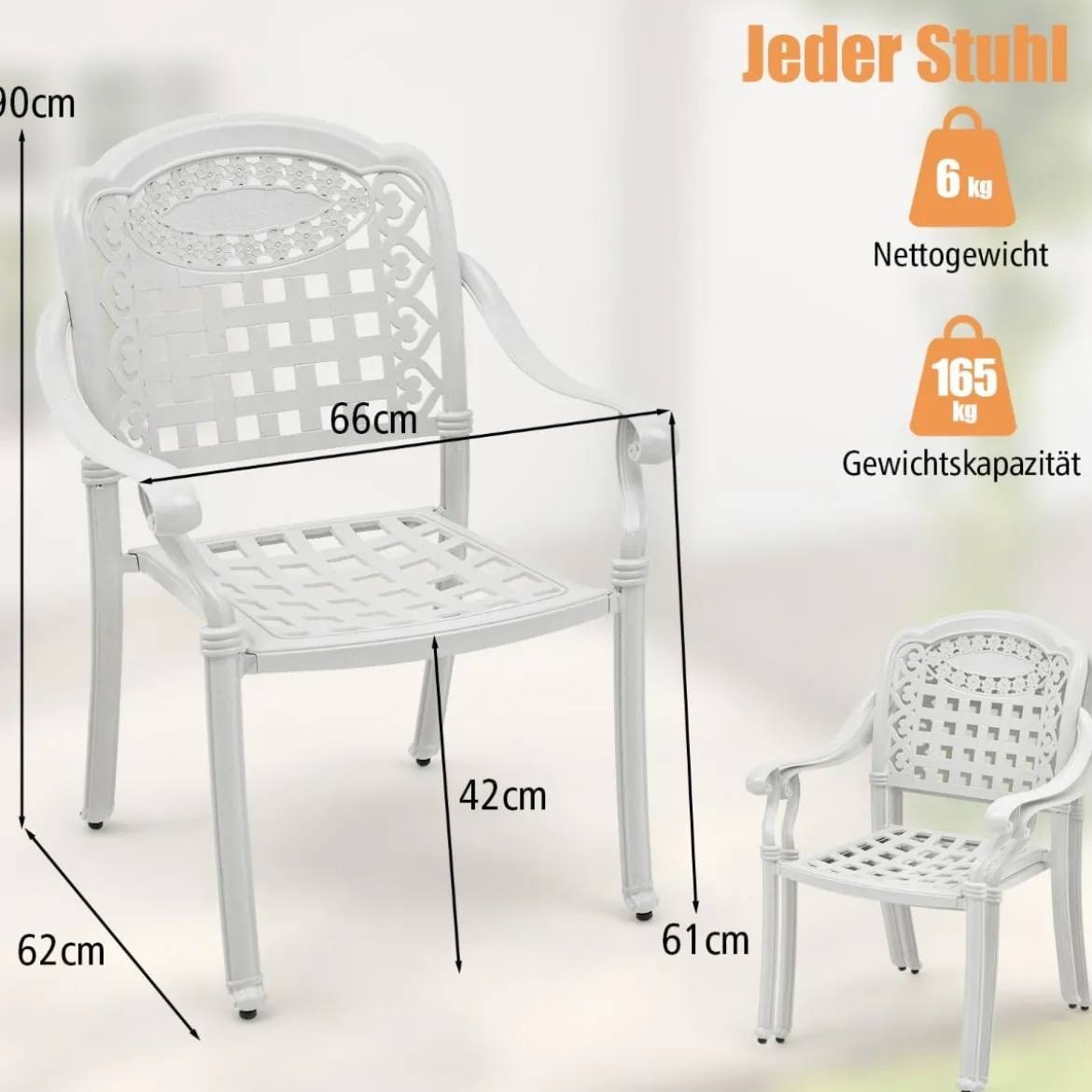 2er Set Gartenstühle aus Alu mit Armlehnen Stapelstühle Gartensessel für Balkon Weiß