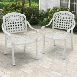 2er Set Gartenstühle aus Alu mit Armlehnen Stapelstühle Gartensessel für Balkon Weiß