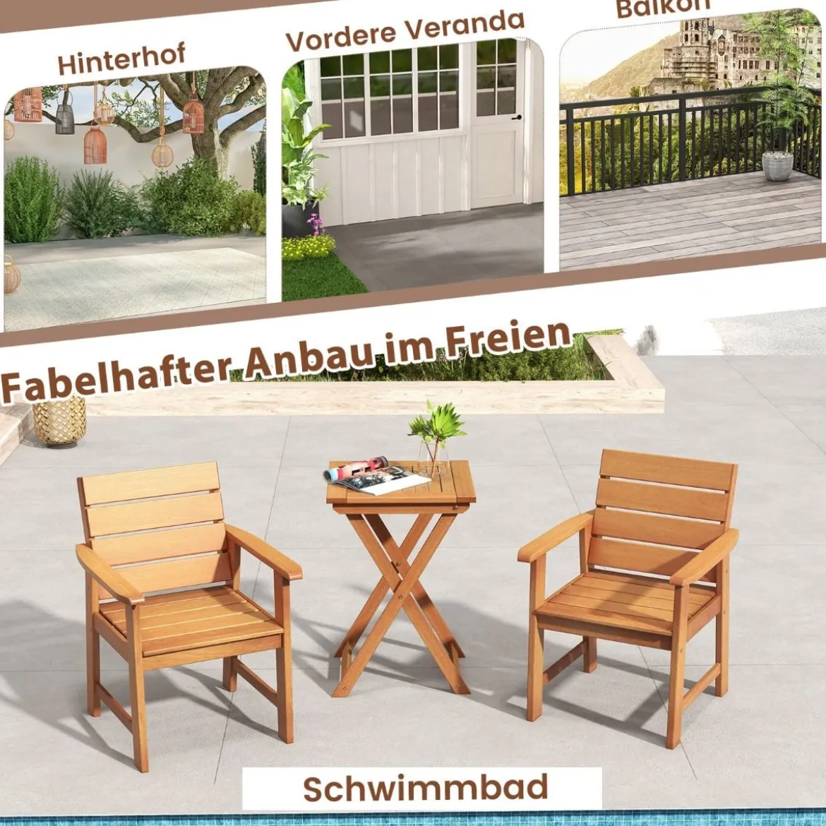 2er Set Gartenstühle aus Hartholz Balkonstühle mit geneigter Rückenlehne 64 x 60,5 x 84 cm Natur