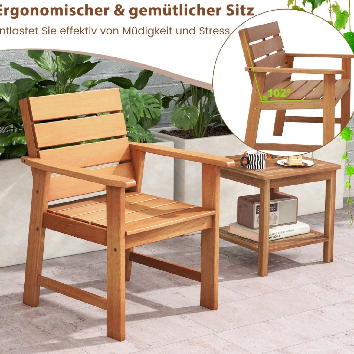 2er Set Gartenstühle aus Hartholz Balkonstühle mit geneigter Rückenlehne 64 x 60,5 x 84 cm Natur
