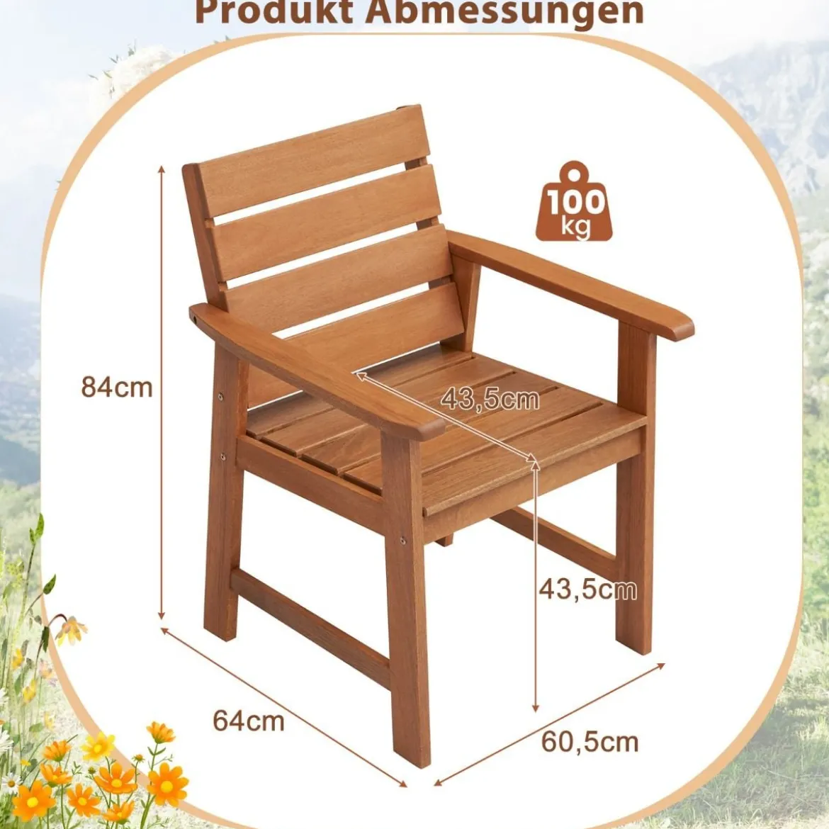 2er Set Gartenstühle aus Hartholz Balkonstühle mit geneigter Rückenlehne 64 x 60,5 x 84 cm Natur