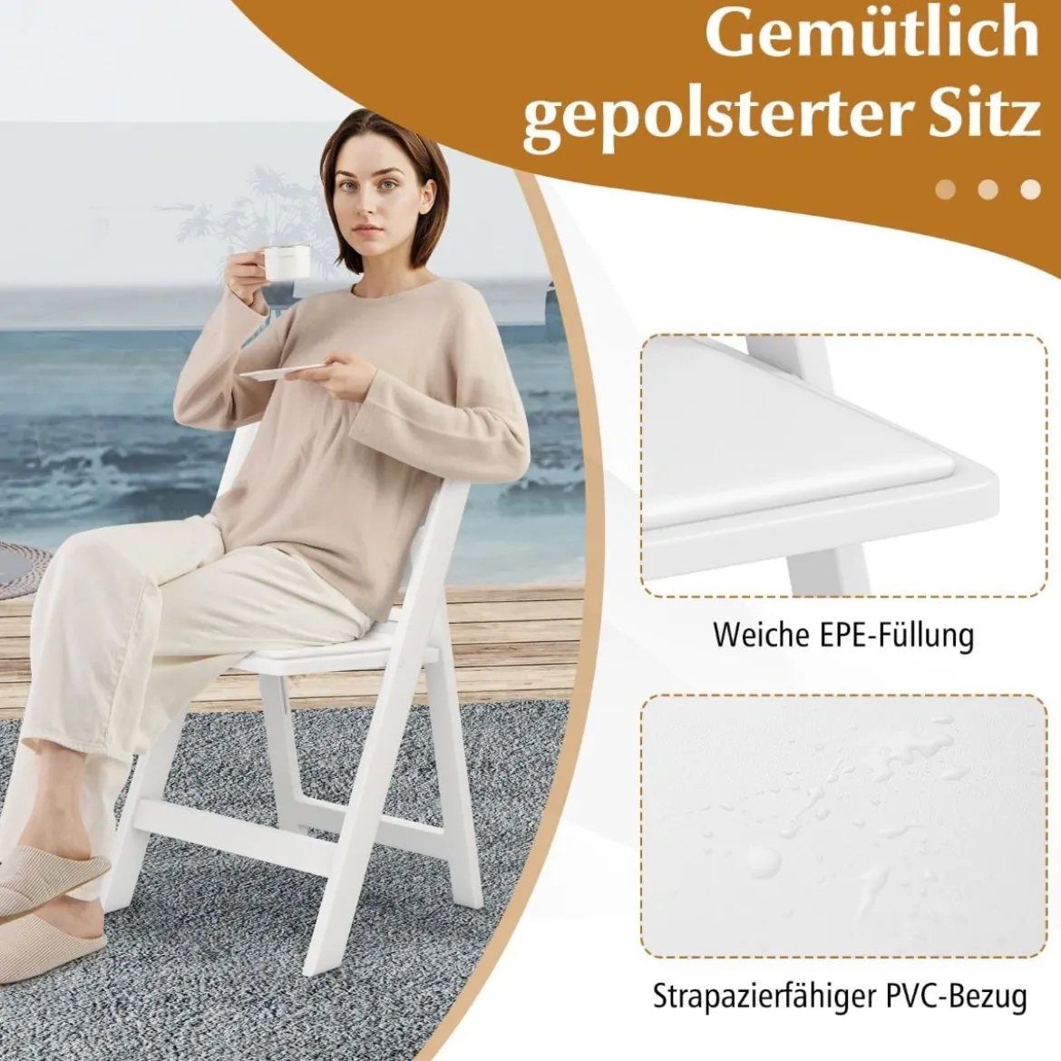 2er Set Gartenstühle aus Kunstharz wetterfeste Klappstühle bis 500 kg belastbar 46 x 44 x 79 cm Weiß