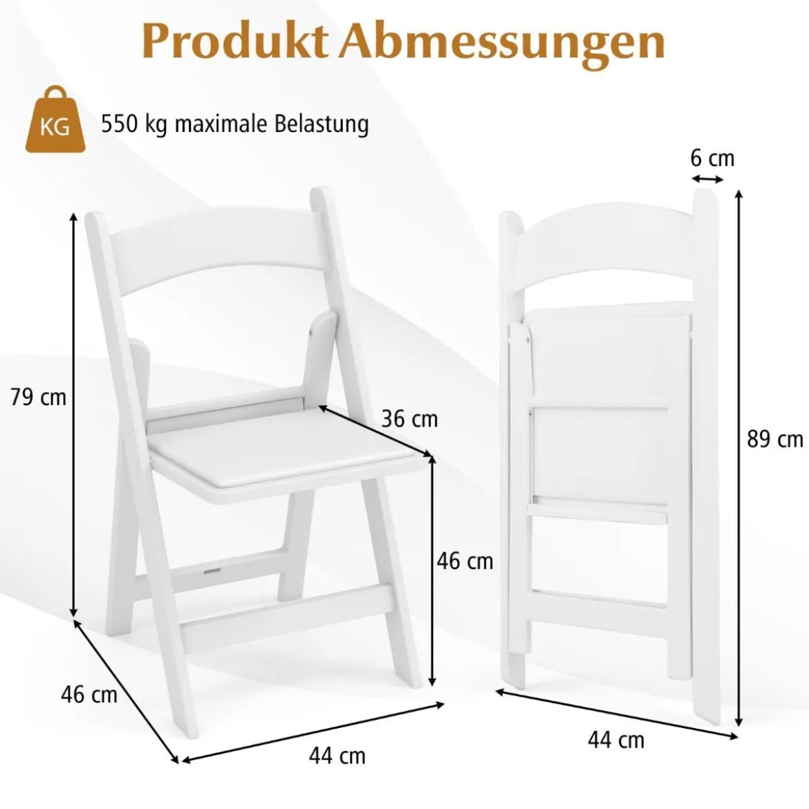 2er Set Gartenstühle aus Kunstharz wetterfeste Klappstühle bis 500 kg belastbar 46 x 44 x 79 cm Weiß