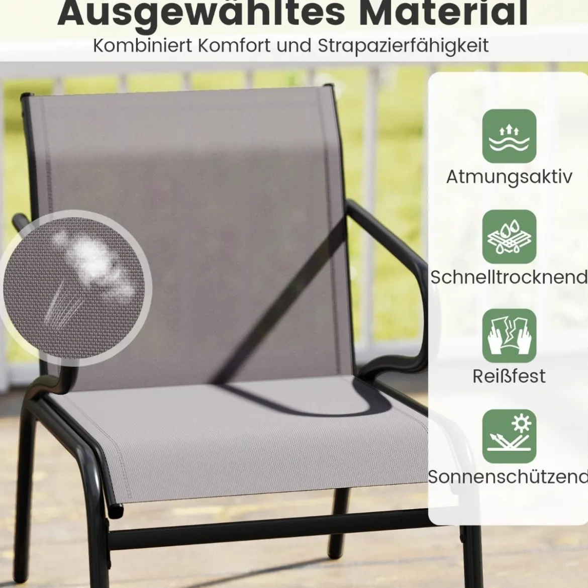 2er Set Gartenstühle Balkonstühle mit Stmungsaktivem Stoff Terrassenstühle bis 150 kg Belastbar