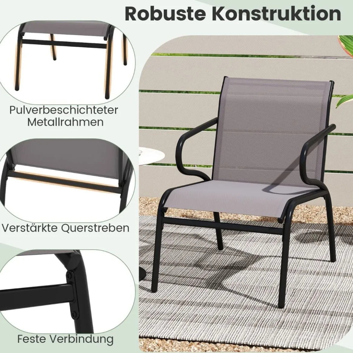 2er Set Gartenstühle Balkonstühle mit Stmungsaktivem Stoff Terrassenstühle bis 150 kg Belastbar