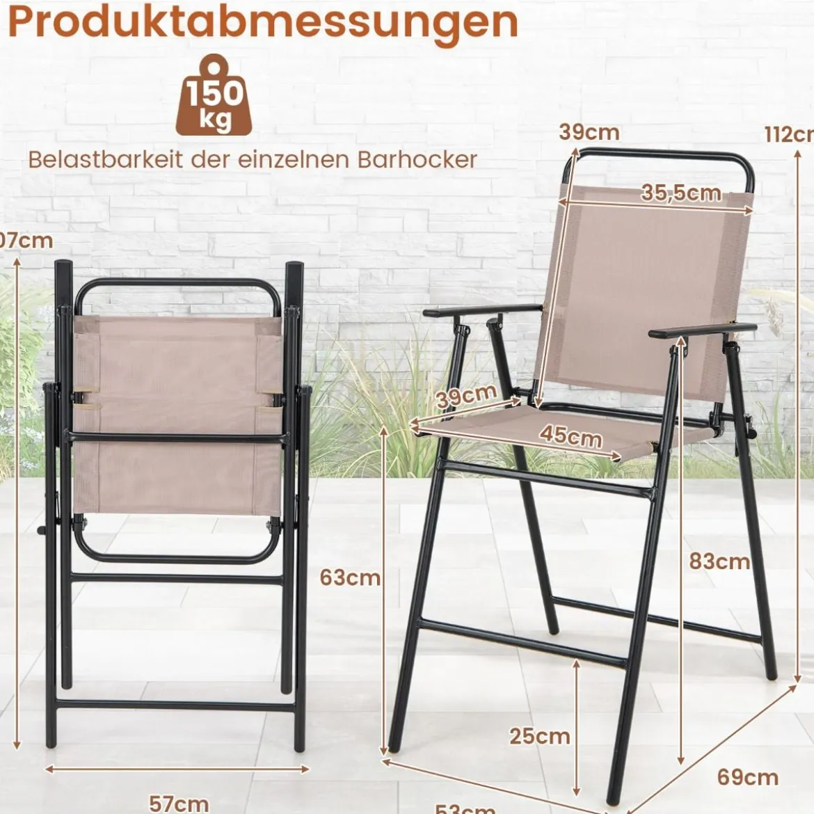 2er Set Gartenstühle hohe Klappstühle mit Fußstütze Sitzhöhe 63 cm Beige + Metall