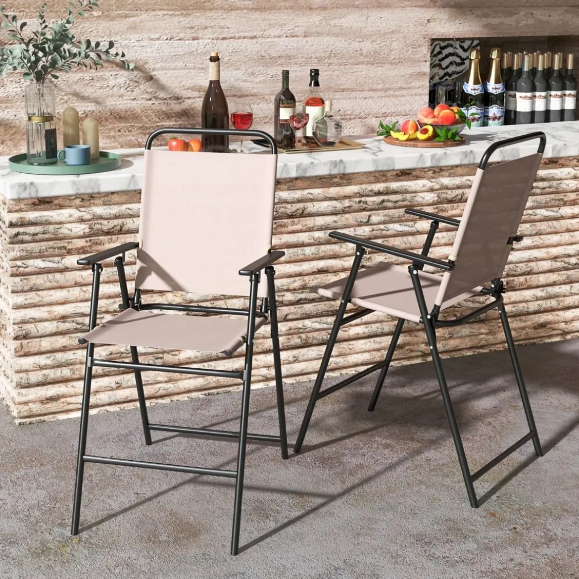 2er Set Gartenstühle hohe Klappstühle mit Fußstütze Sitzhöhe 63 cm Beige + Metall