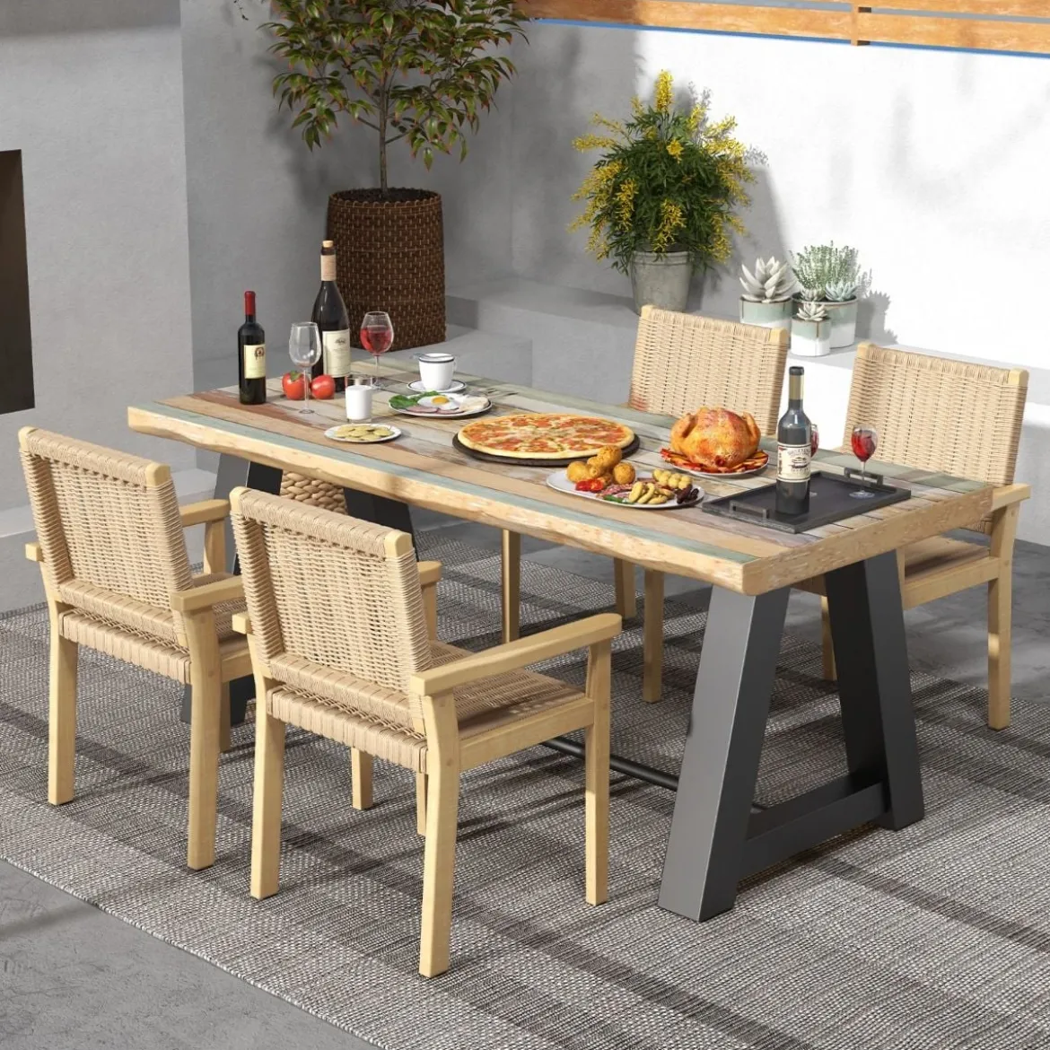 2er Set Gartenstühle Holz Esszimmerstühle mit Seilgeflecht & Rückenlehne & Armlehne Natur