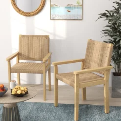 2er Set Gartenstühle Holz Esszimmerstühle mit Seilgeflecht & Rückenlehne & Armlehne Natur