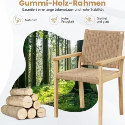 2er Set Gartenstühle Holz Esszimmerstühle mit Seilgeflecht & Rückenlehne & Armlehne Natur