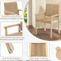 2er Set Gartenstühle Holz Esszimmerstühle mit Seilgeflecht & Rückenlehne & Armlehne Natur