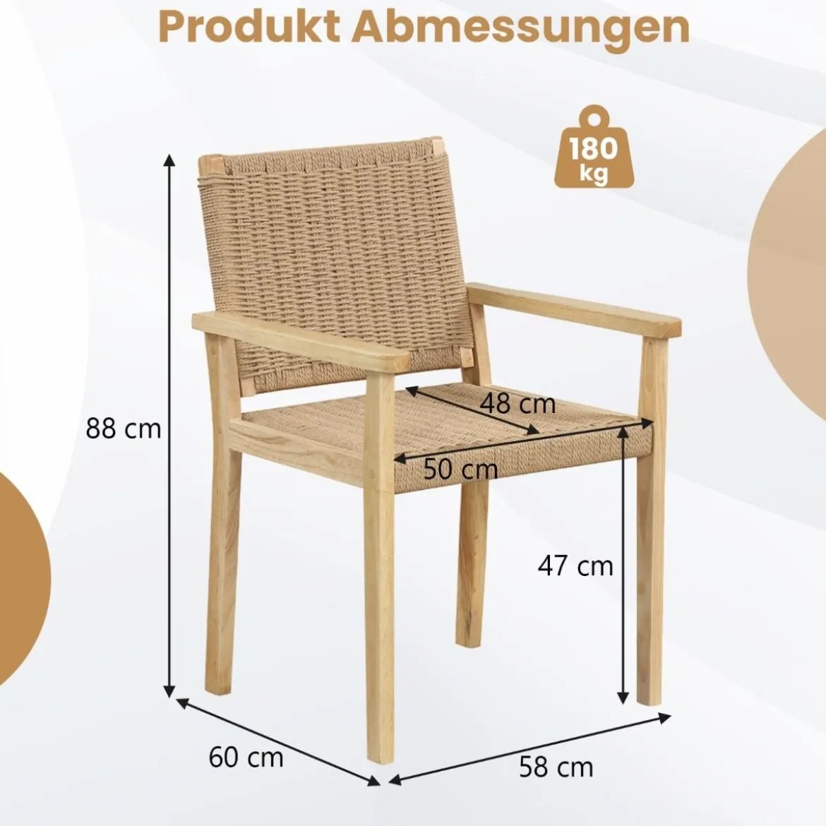 2er Set Gartenstühle Holz Esszimmerstühle mit Seilgeflecht & Rückenlehne & Armlehne Natur