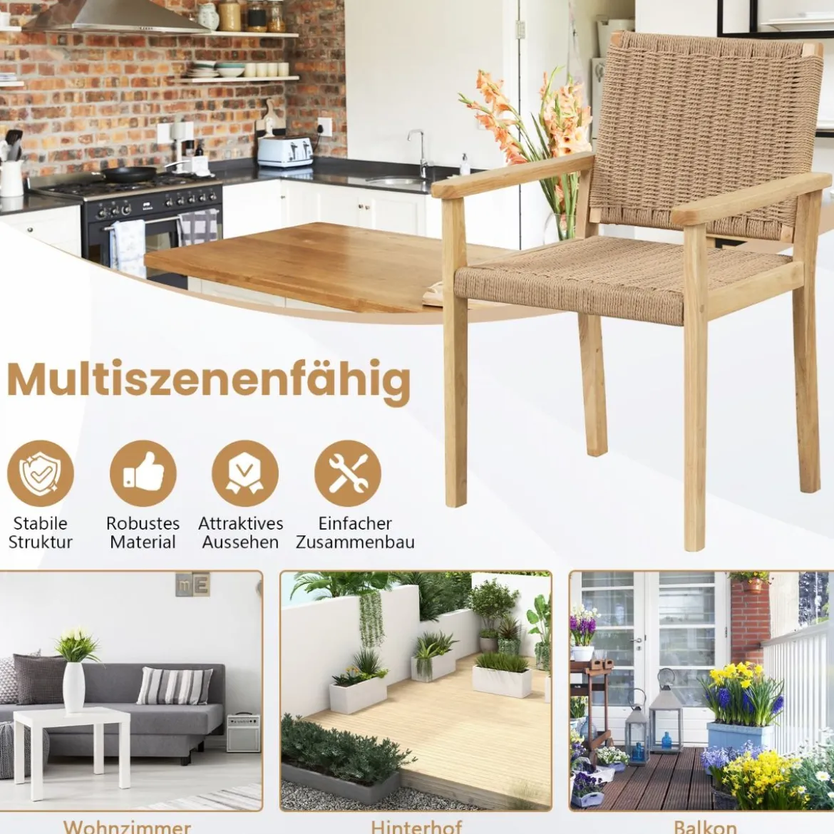 2er Set Gartenstühle Holz Esszimmerstühle mit Seilgeflecht & Rückenlehne & Armlehne Natur