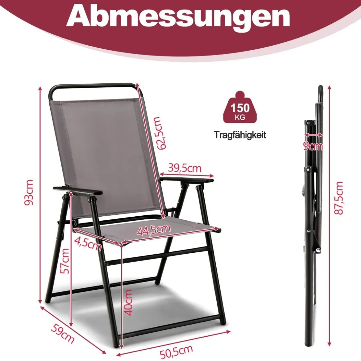 2er Set Gartenstühle klappbar Balkonstühle mit Armlehnen Hochlehner Klappstühle Grau