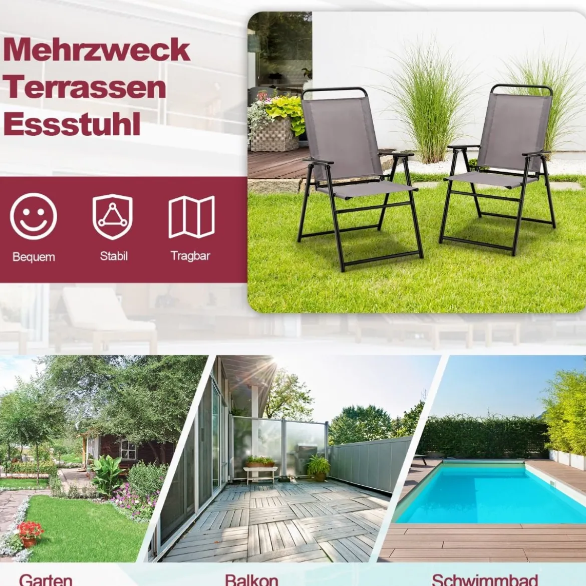 2er Set Gartenstühle klappbar Balkonstühle mit Armlehnen Hochlehner Klappstühle Grau