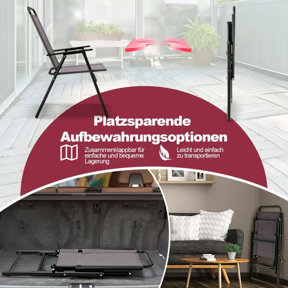 2er Set Gartenstühle klappbar Balkonstühle mit Armlehnen Hochlehner Klappstühle Grau