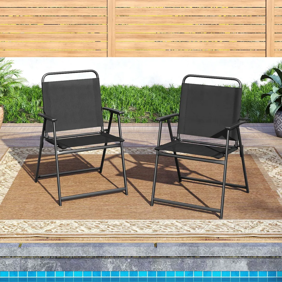 2er Set Gartenstühle klappbar Klappstühle Balkonstühle mit Armlehnen Schwarz