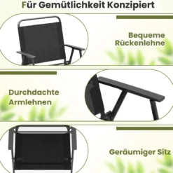 2er Set Gartenstühle klappbar Klappstühle Balkonstühle mit Armlehnen Schwarz