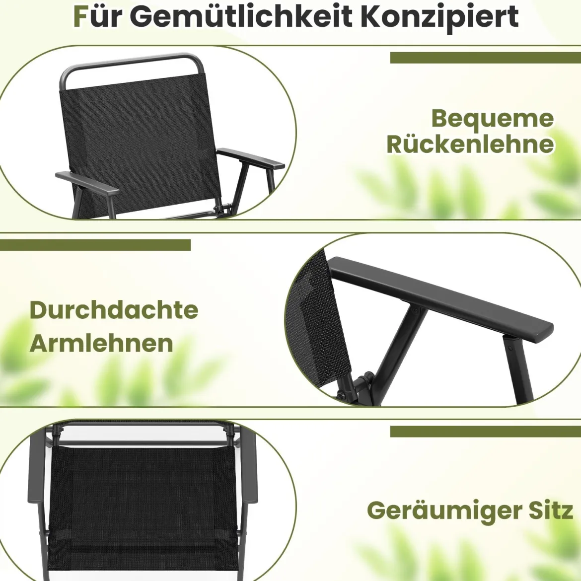 2er Set Gartenstühle klappbar Klappstühle Balkonstühle mit Armlehnen Schwarz