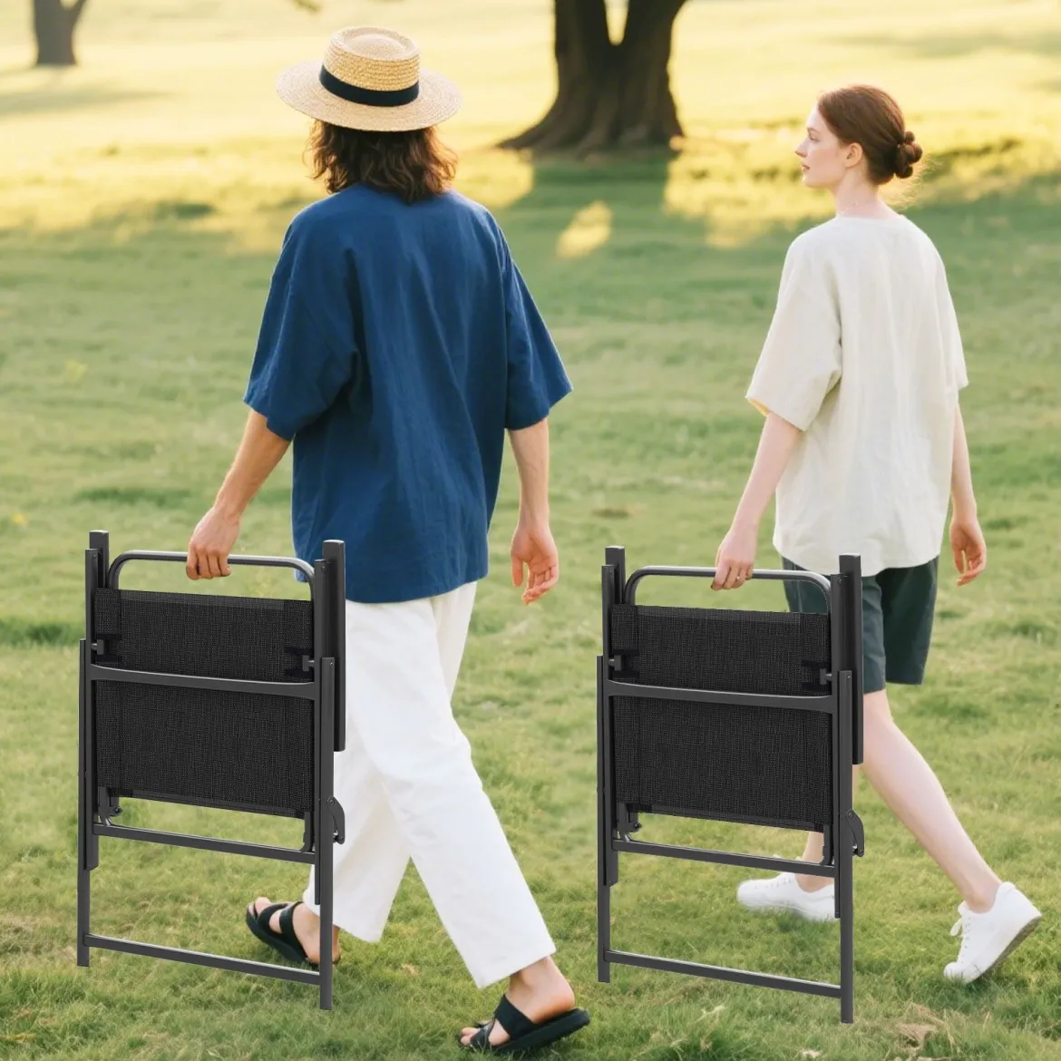 2er Set Gartenstühle klappbar Klappstühle Balkonstühle mit Armlehnen Schwarz