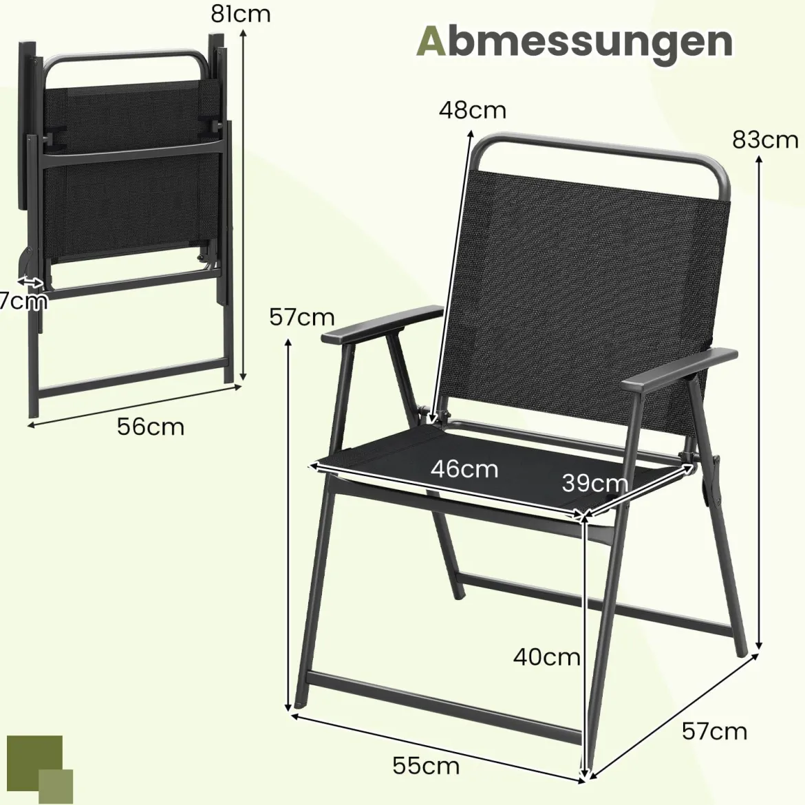 2er Set Gartenstühle klappbar Klappstühle Balkonstühle mit Armlehnen Schwarz