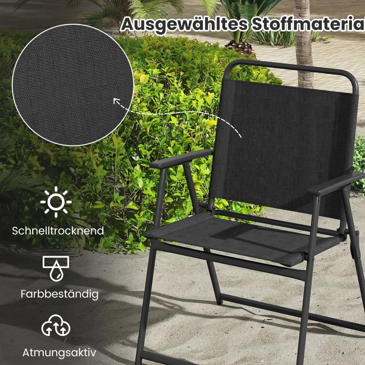 2er Set Gartenstühle klappbar Klappstühle Balkonstühle mit Armlehnen Schwarz