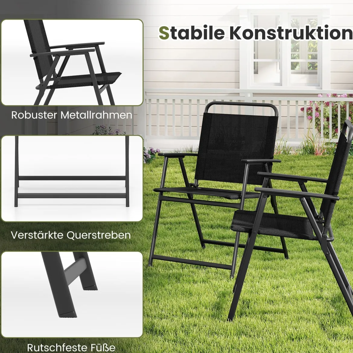 2er Set Gartenstühle klappbar Klappstühle Balkonstühle mit Armlehnen Schwarz
