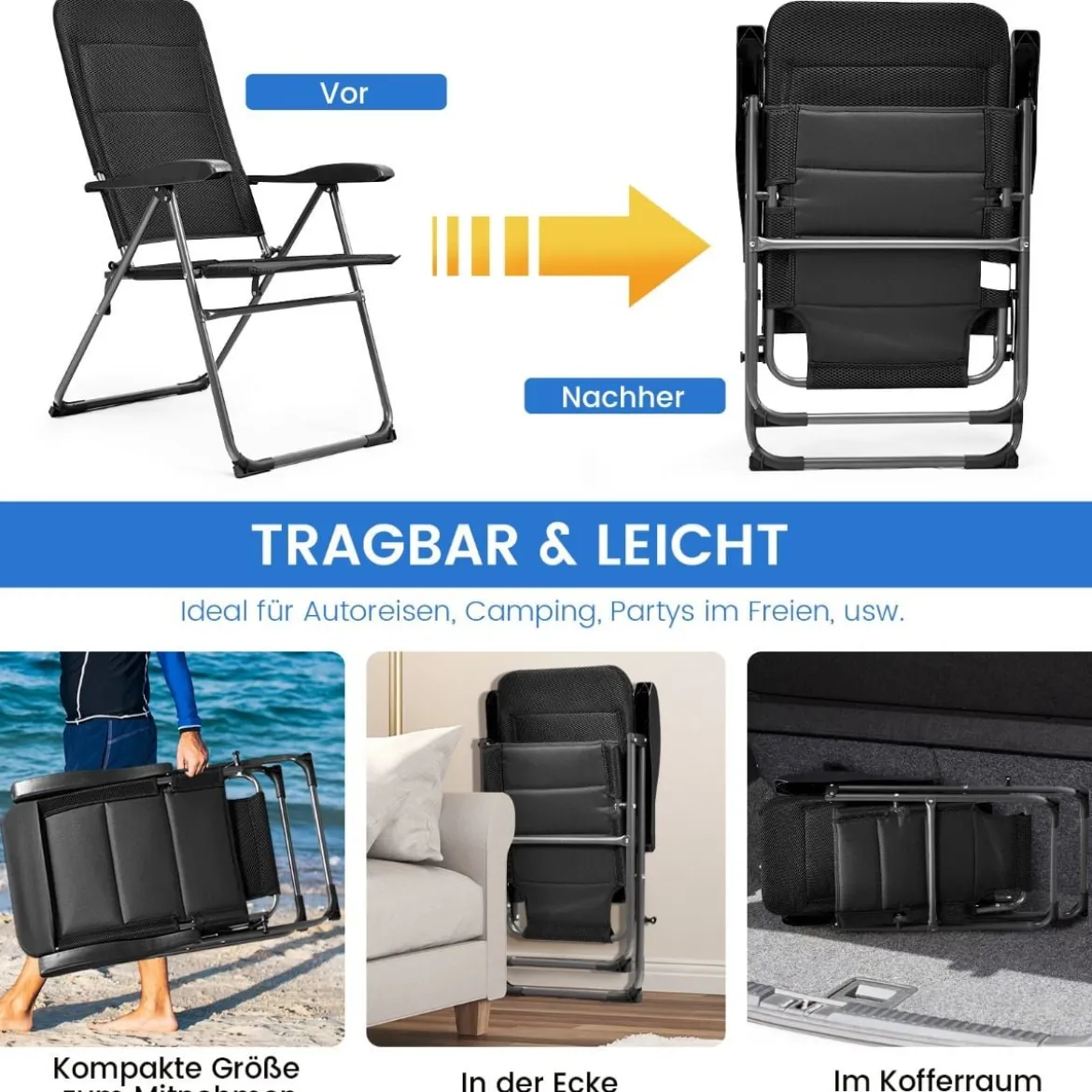 2er Set Gartenstühle Klappstühle mit 7-Fach Verstellbarer Rückenlehne 76 x 60 x 103,5 cm Schwarz