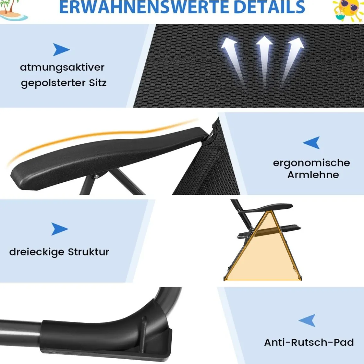 2er Set Gartenstühle Klappstühle mit 7-Fach Verstellbarer Rückenlehne 76 x 60 x 103,5 cm Schwarz
