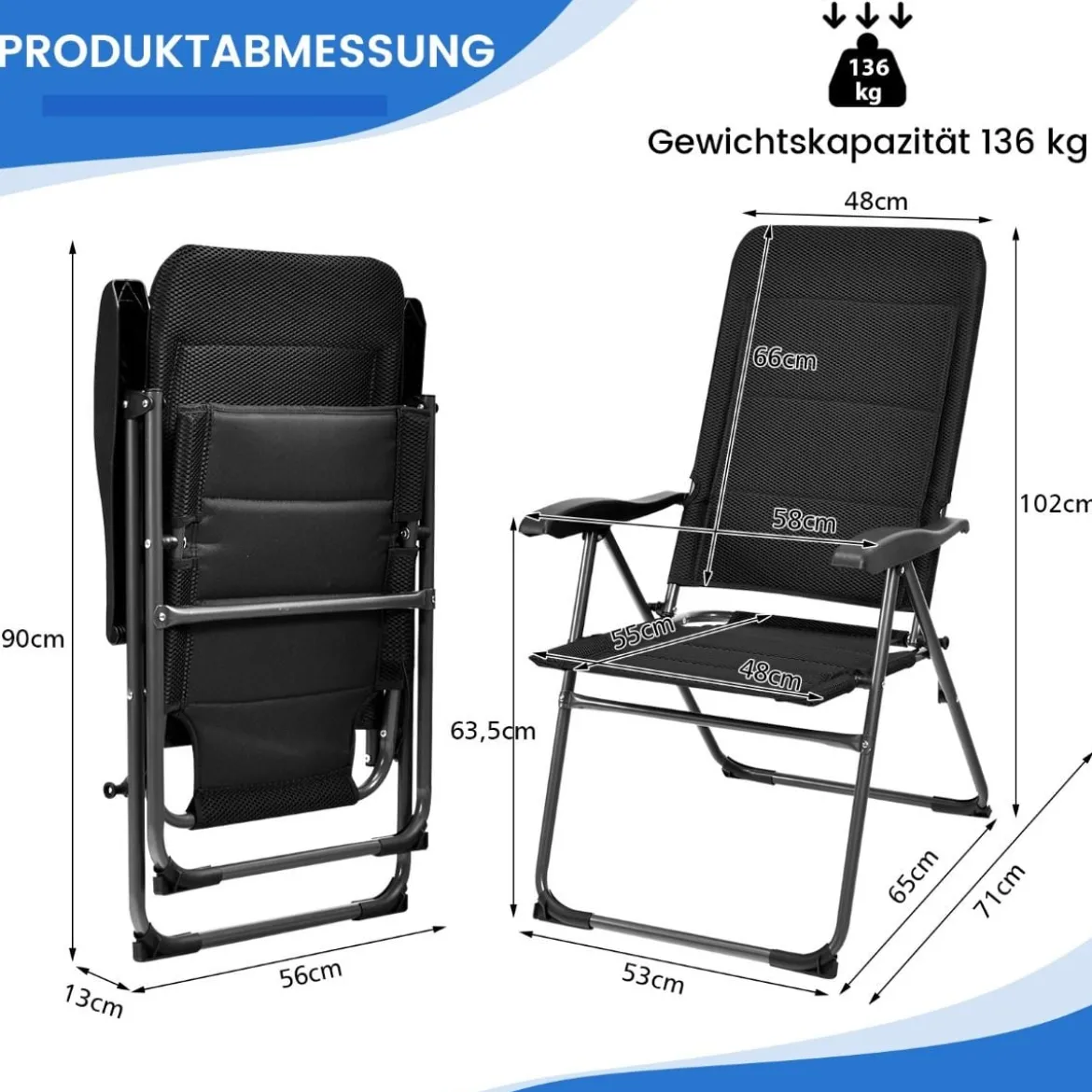 2er Set Gartenstühle Klappstühle mit 7-Fach Verstellbarer Rückenlehne 76 x 60 x 103,5 cm Schwarz
