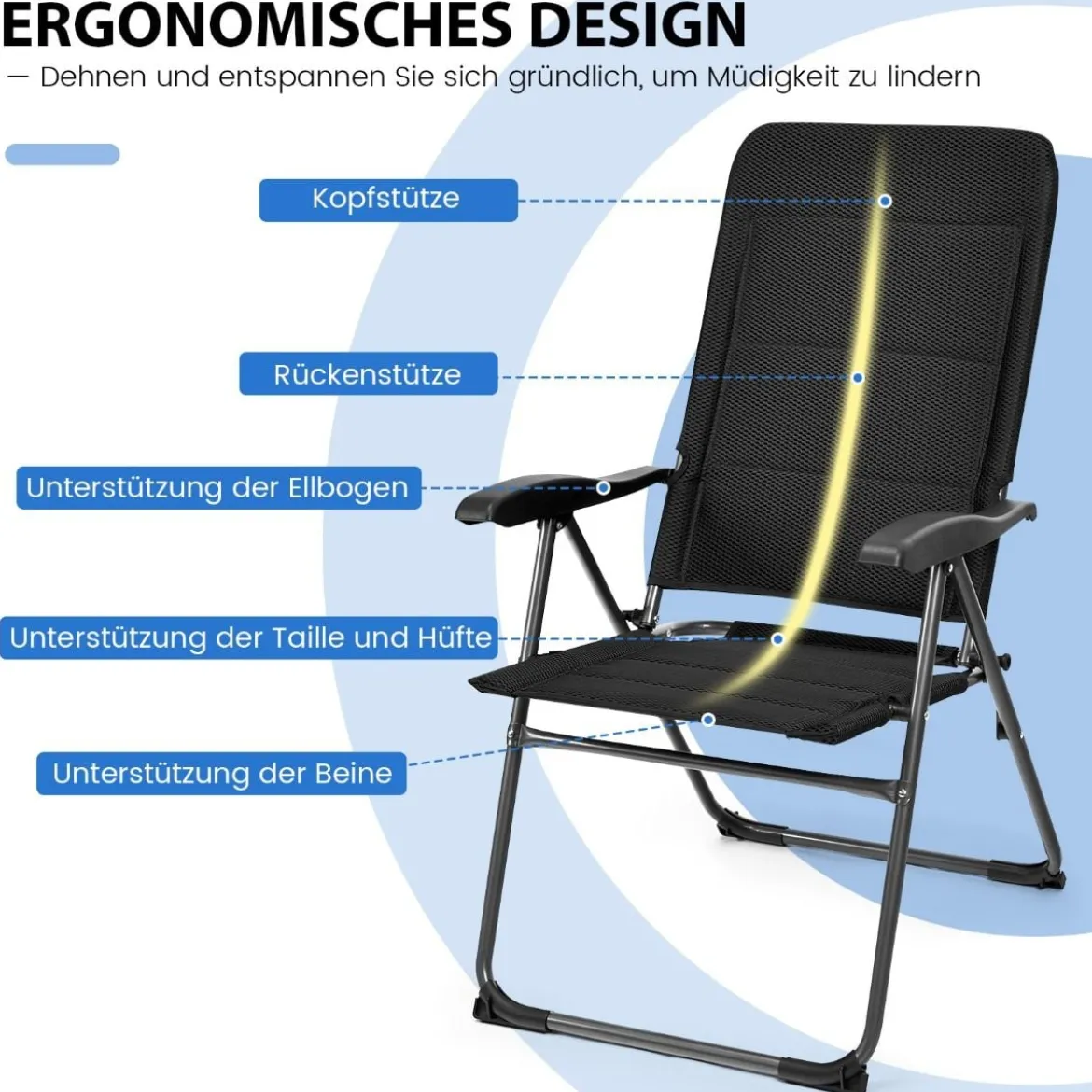 2er Set Gartenstühle Klappstühle mit 7-Fach Verstellbarer Rückenlehne 76 x 60 x 103,5 cm Schwarz