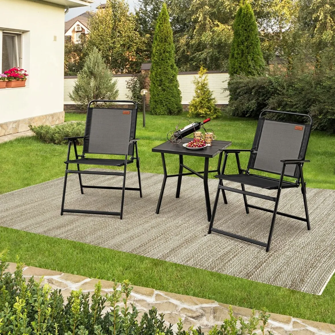 4er Set Gartenstühle mit Armlehnen & Rückenlehne & Atmungsaktivem Sitz Klappstühle Schwarz