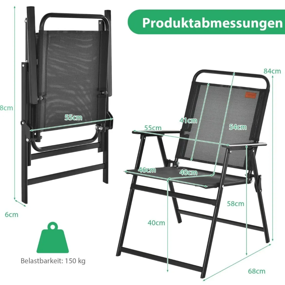 4er Set Gartenstühle mit Armlehnen & Rückenlehne & Atmungsaktivem Sitz Klappstühle Schwarz