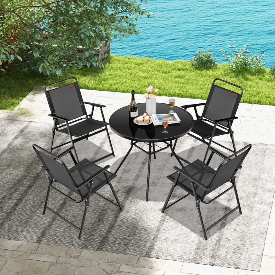 4er Set Gartenstühle mit Armlehnen & Rückenlehne & Atmungsaktivem Sitz Klappstühle Schwarz