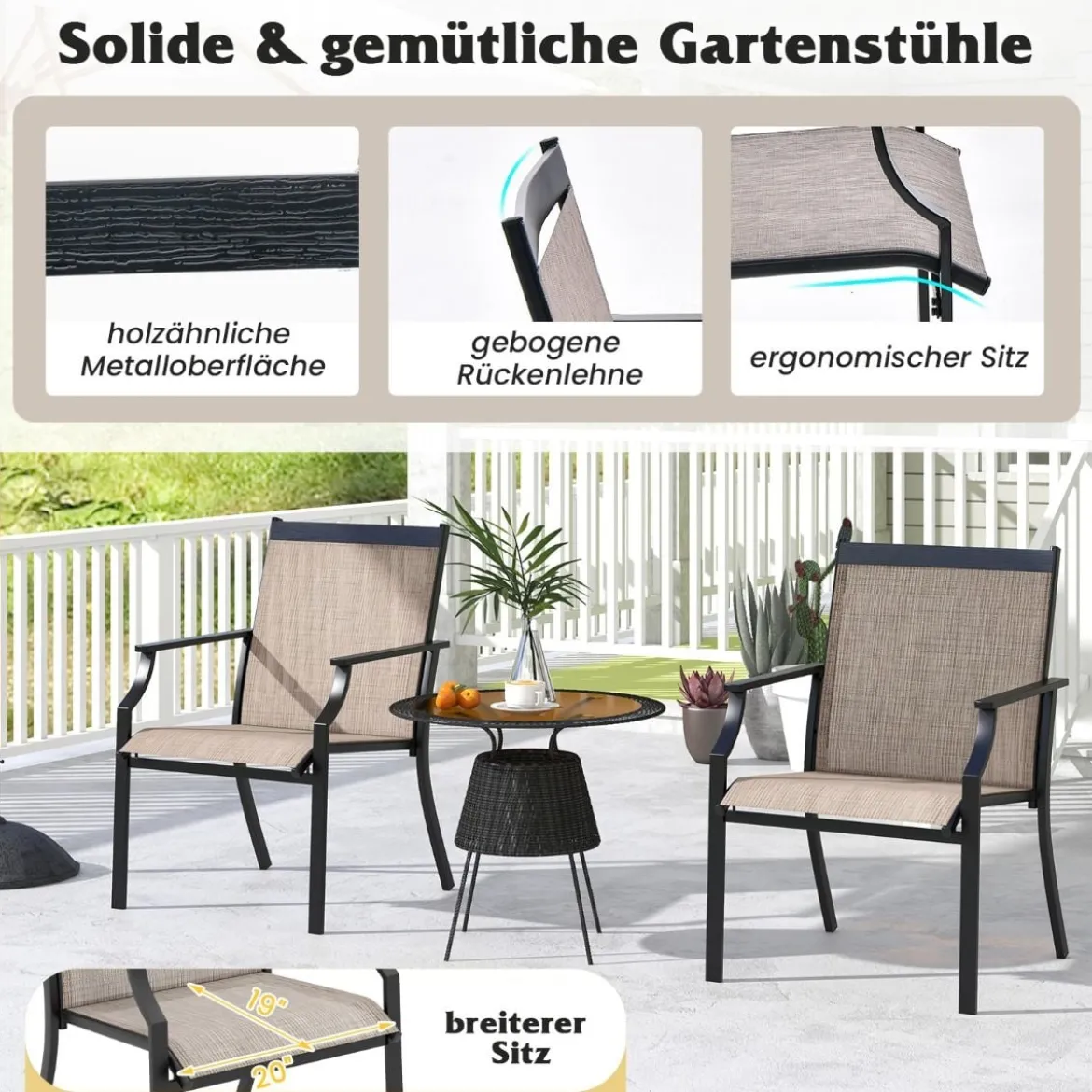 2er Set Gartenstühle mit Atmungsaktiver Sitzfläche & Metallrahmen bis 150 kg Belastbar