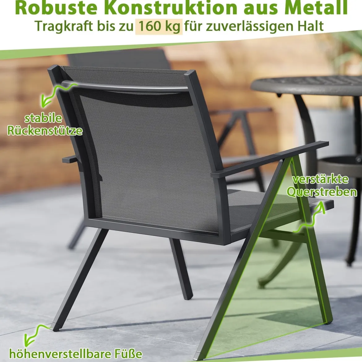 2er Set Gartenstühle mit Atmungsaktivem Stoff Balkonstühle Terrassenstühle Grau