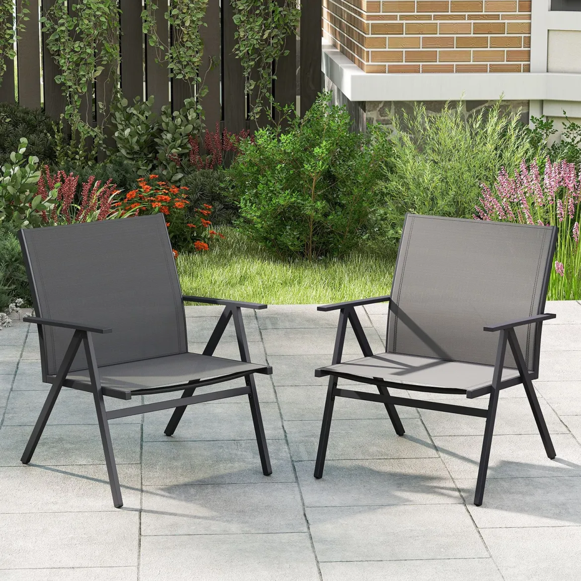 2er Set Gartenstühle mit Atmungsaktivem Stoff Balkonstühle Terrassenstühle Grau