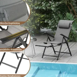 2er Set Gartenstühle mit ausziehbarer Fußstütze Hochlehner Klappstühle mit 10-fach verstellbarer Rückenlehne