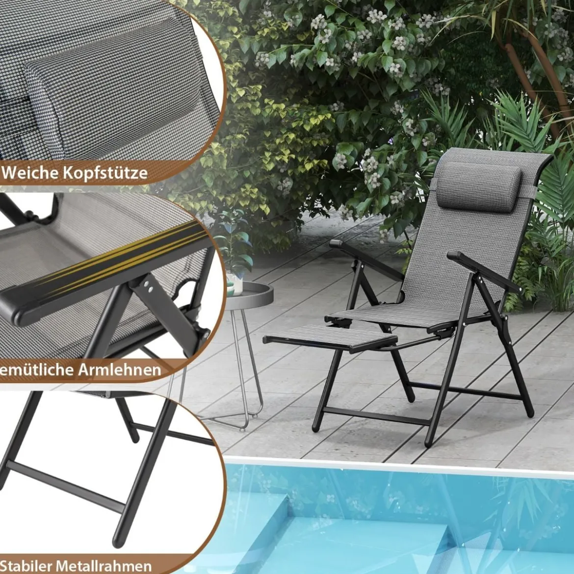 2er Set Gartenstühle mit ausziehbarer Fußstütze Hochlehner Klappstühle mit 10-fach verstellbarer Rückenlehne
