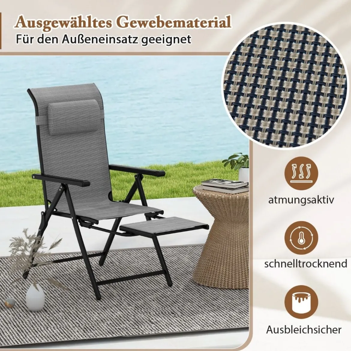 2er Set Gartenstühle mit ausziehbarer Fußstütze Hochlehner Klappstühle mit 10-fach verstellbarer Rückenlehne